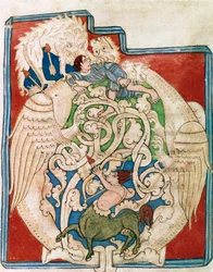 Lettera O con rappresentazione di un centauro cacciatore (miniatura tratta dal Vecchio Testamento)