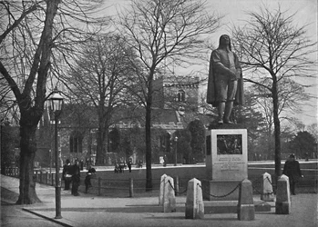 Bedford: Chiesa di San Pietro e la statua di Bunyan, c. 1896