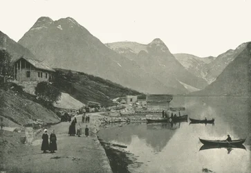 Mundal, sul Fjaerlandsfjorden, Sogn, Norvegia, 1895