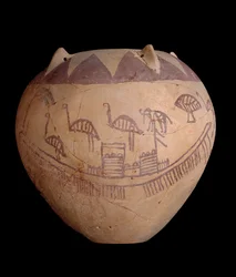 Vaso di argilla cotta con decorazione dipinta, inclusi barche e animali, c.3400-3300 a.C.