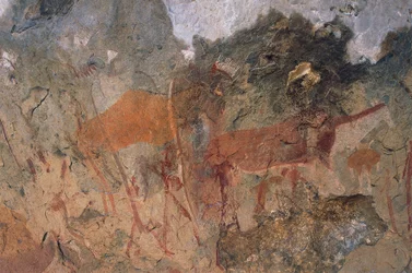 Figure umane e animali, pitture rupestri dei boscimani o san, Parco Maloti-Drakensberg (Lista del Patrimonio Mondiale dell
