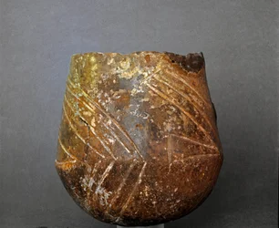 Preistoria: vaso in terracotta dalla necropoli di Caolino al Sasso di Furbara, Lazio. Età della pietra. Neolitico. Roma, Museo Nazionale Preistorico Etnografico Luigi Pigorini