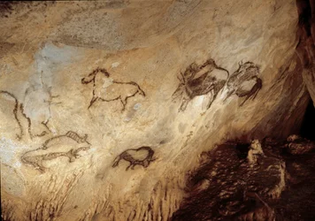 Preistoria: pittura rupestre di bisonti e cavalli del Paleolitico superiore (Magdaleniano)