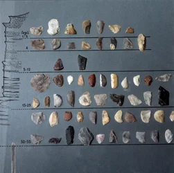 Preistoria, cultura pontiniana: pietre e selce (produzione litica) dalla Grotta dei Moscerini, Lazio. Età della pietra. Paleolitico superiore. Roma, Museo Nazionale Preistorico Etnografico Luigi Pigorini
