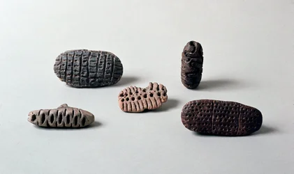 Preistoria: diverse pintaderas (sigilli) di terracotta neolitica dalla Caverna delle Arene a Candide (Liguria). Pegli, Museo Villa Pallavicini