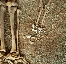 Preistoria: doppia sepoltura di adulti e bambini. Veduta di dettaglio del corredo funerario: ai piedi del bambino, tre code di scoiattolo, conchiglie e pietre della grotta delle Arene Candide (Finale Ligure), Liguria. Mesolitico, 7000-6000 a.C. Genova