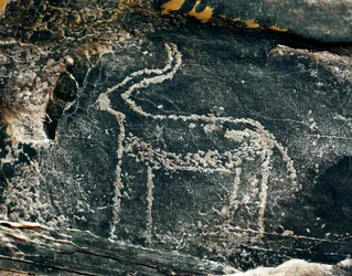 Preistoria, arte rupestre: roccia funeraria con rappresentazione di un