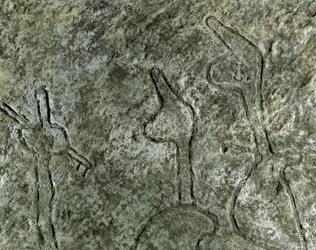 Preistoria, arte rupestre: petroglifo (graffito su pietra) di una scena di caccia. Neolitico, età della pietra. Età del bronzo. Baku, Museo Statale di Storia delle Religioni dell