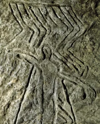 Preistoria, arte rupestre: petroglifo di una figura umana. Neolitico, età della pietra. (Azerbaigian) Età del bronzo