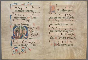 Bifolio da un antifonario: Iniziale M con San Domenico che predica