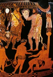 Vaso di Pronomos, cratere a figure rosse. Dettaglio raffigurante Ercole (Eracle), i preparativi di un dramma satiresco alla presenza di Dioniso e Arianna; i personaggi tengono maschere teatrali. 400 a.C. Napoli, Museo Archeologico Nazionale