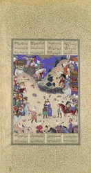 Faridun abbraccia Manuchihr, Folio 59v dal Shahnama Libro dei Re