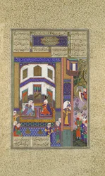Mihrab sfoga la sua rabbia su Sindukht, Folio 83v dal Shahnama Libro dei Re