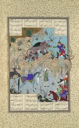 Bahram Chubina Uccide il Leone-Scimmia, Folio 715v dal Shahnama Libro dei Re, c1530-35