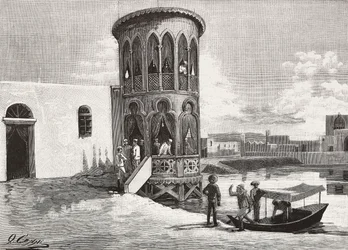 Una piccola torre moresca che ospita il circolo degli ufficiali italiani, Massaua, Eritrea, incisione da un disegno di Quinto Cenni e uno schizzo di Pieragostini, da L