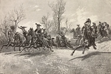 Artiglieria a cavallo, esercito italiano, incisione da un disegno di Quinto Cenni, da L