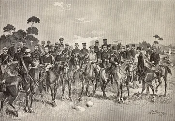 Ufficiali di eserciti stranieri in visita ai soldati italiani in Lombardia, incisione da un disegno di Quinto Cenni, da L