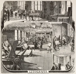 Casa editrice Fratelli Treves: studio dei disegnatori, falegnameria, pulizia delle pietre litografiche, litografia, Milano, Italia, incisione da un disegno di Quinto Cenni, da L