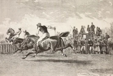 Corsa di cavalli al parco di Villa Arconati, Castellazzo, incisione da disegno di Quinto Cenni, da L