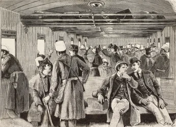Soldati italiani sul treno diretto a Napoli, Italia, seconda spedizione italiana nel Mar Rosso, incisione da un disegno di Quinto Cenni e schizzo di M Dal Don, da L