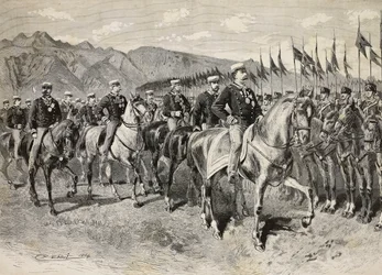 Re Umberto I ispeziona i lancieri di Firenze, con il generale Martin di Montu dietro di lui, 28 settembre, esercitazioni di cavalleria a Pordenone, Italia, incisione da un disegno di Quinto Cenni, da L