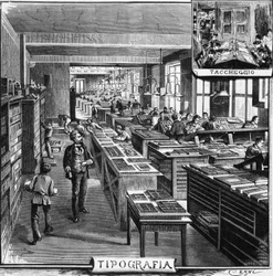 Uffici dei fratelli Treves, tipografia e sovrapposizione, Milano, Italia, illustrazione di Quinto Cenni da L