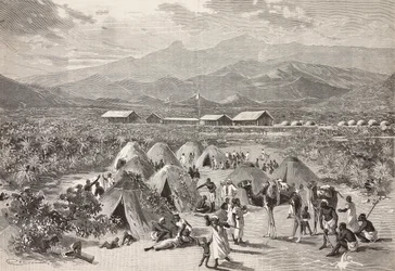 Tende del campo profughi di Zula, Arafali, Eritrea, incisione di Cantagalli da un disegno di Quinto Cenni e uno schizzo di Pieragostini, da L