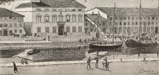Il municipio e il canale del porto, Cesenatico, Italia, incisione da un disegno di Quinto Cenni e uno schizzo di Ulisse Topi, da L