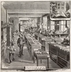 Tipografia nella casa editrice Fratelli Treves, Milano, Italia (incisione)