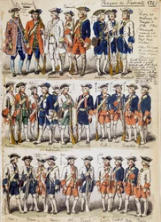 Uniformi delle truppe del Regno di Piemonte nel 1744, tavola tratta dal Codice Cenni, collezione di schizzi militari disegnati da Quinto Cenni