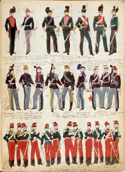 Vari uniformi italiane in uso comune intorno al 1860 di Quinto Cenni, tavola a colori