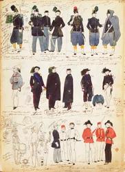Vari uniformi italiane in uso comune tra il 1847 e il 1870 di Quinto Cenni, tavola a colori