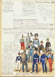 Vari uniformi del Ducato di Parma dal 1845. Tavola a colori di Quinto Cenni
