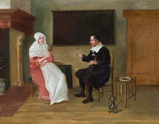 Interno con uomo e donna seduti (olio su tavola)