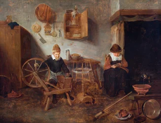 Un interno con un vecchio che fila e un