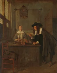 Interno con lavoratrice di pizzo e un visitatore