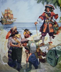 Capo pirata che seppellisce il tesoro