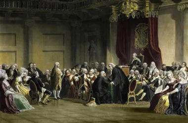 Benjamin Franklin (1706-1790), filosofo, fisico e statista americano davanti ai Lord del Consiglio Privato, Cappella di Whitehall, Londra