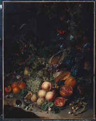 Pesche, uva, melograni, meloni, una pannocchia, albicocche, prugne, pere, ghiande