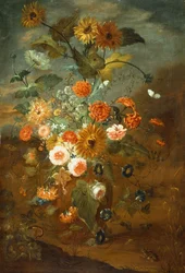 Rose, garofani, girasoli in un vaso con farfalle, rane, insetti