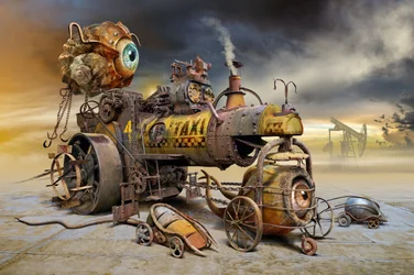 Bizzarro taxi steampunk a forma di occhio