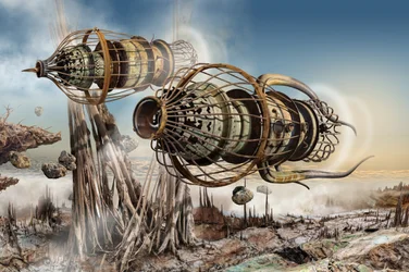 Viaggio in dirigibile in stile steampunk
