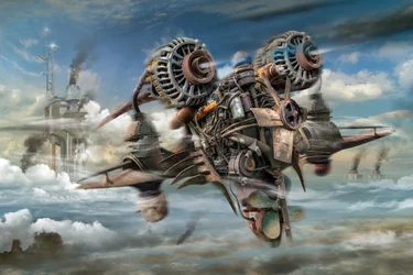 Macchina volante in stile steampunk
