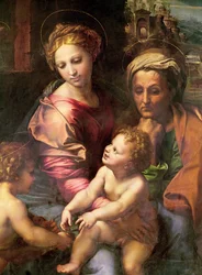 La Sacra Famiglia (o La Perla), dettaglio: la Vergine, Santa Elisabetta e il Bambino, c.1518
