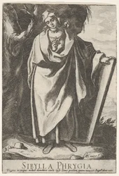 Tavola 9: la Sibilla Frigia che tiene la parte superiore di una tavoletta con la mano sinistra e indica con