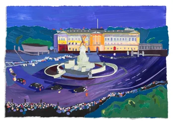 Folla a Buckingham Palace, 2023 (acrilico e collage su carta)