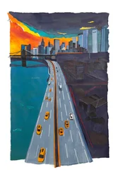 Cielo arancione su New York, 2019 (acrilico e collage su carta)