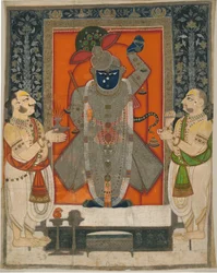 Sacerdoti che adorano Krishna come Shrinathji per il festival della Montagna di Cibo [Annakuta utsava]; arazzo del santuario [pichhavai]