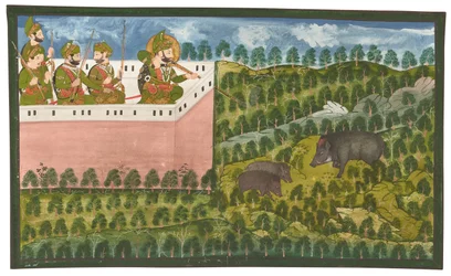 Un dipinto di Maharana Jawan Singh (r.1821-38) che caccia cinghiali