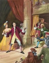 David Garrick (1717-79) di fronte a una sommossa di teatranti (gouache su carta)